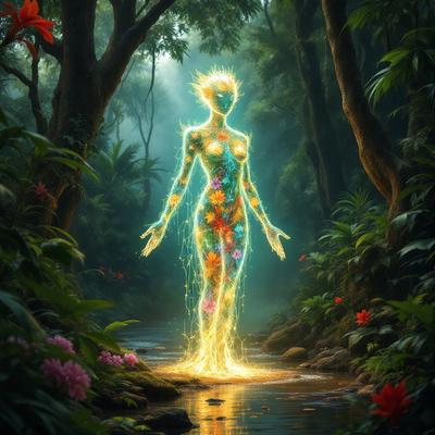 The primary subject of the image is a woman, who appears to be a digital art or illustration of a naked figure. She is standing in a forest, surrounded by trees and flowers. The setting is a lush, green environment, with a waterfall nearby. The visual style of the image is a combination of photo and digital art, creating a unique and captivating scene. The colors and mood of the image are vibrant and serene, with the woman's glowing figure contrasting beautifully against the